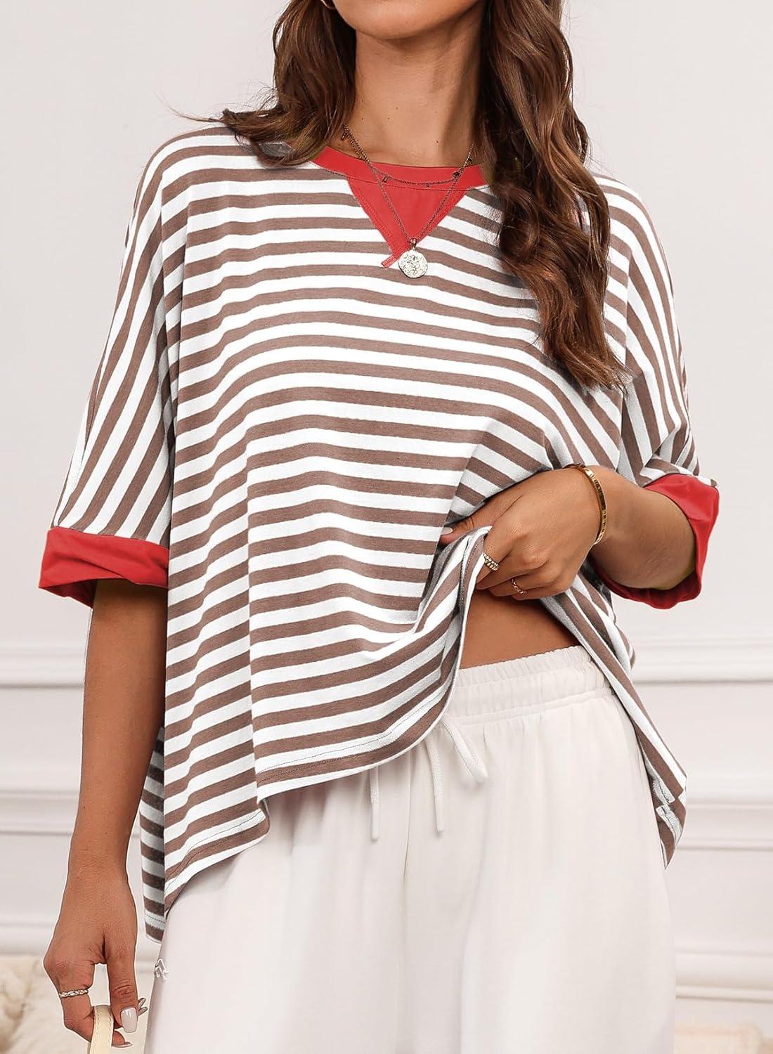 imageDokotoo Summer Shirts 2025 Womens Solid T Shirts for Women Loose Oversized Tops Basic TeeBrown Stripe