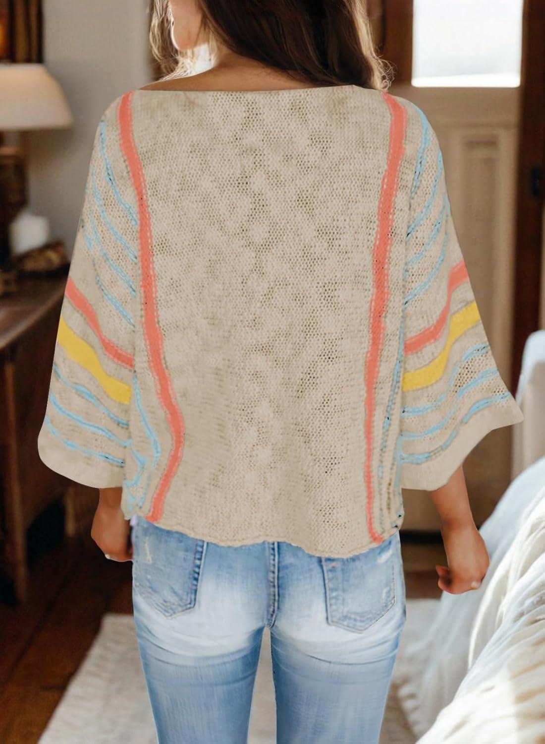 imageDokotoo Womens 2025 Fall Casual Crewneck 34 Sleeve Striped Lightweight Knit Trendy Boho Tops Pullover SweatersB Beige 2