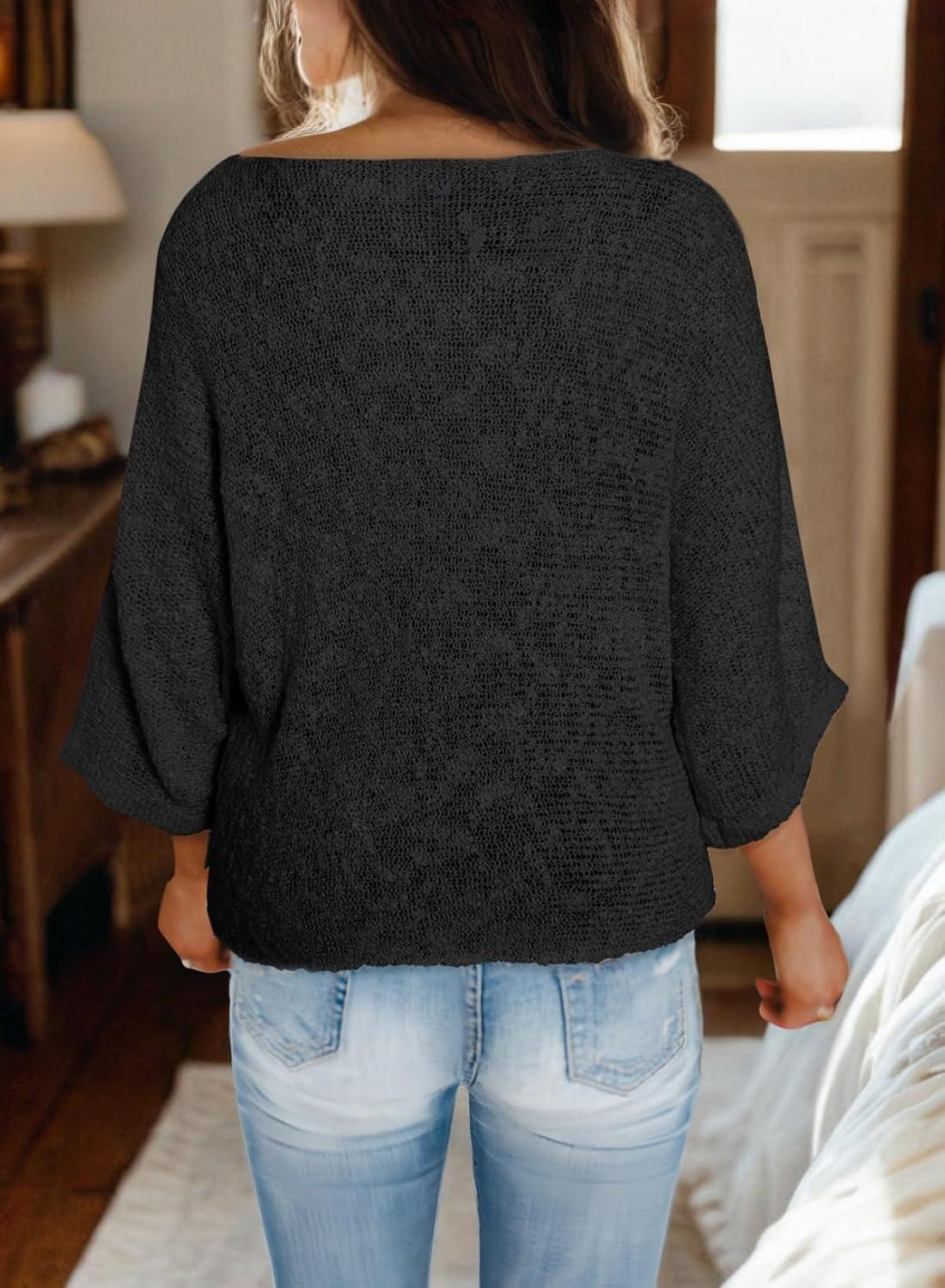 imageDokotoo Womens 2025 Fall Casual Crewneck 34 Sleeve Striped Lightweight Knit Trendy Boho Tops Pullover SweatersB Black 2