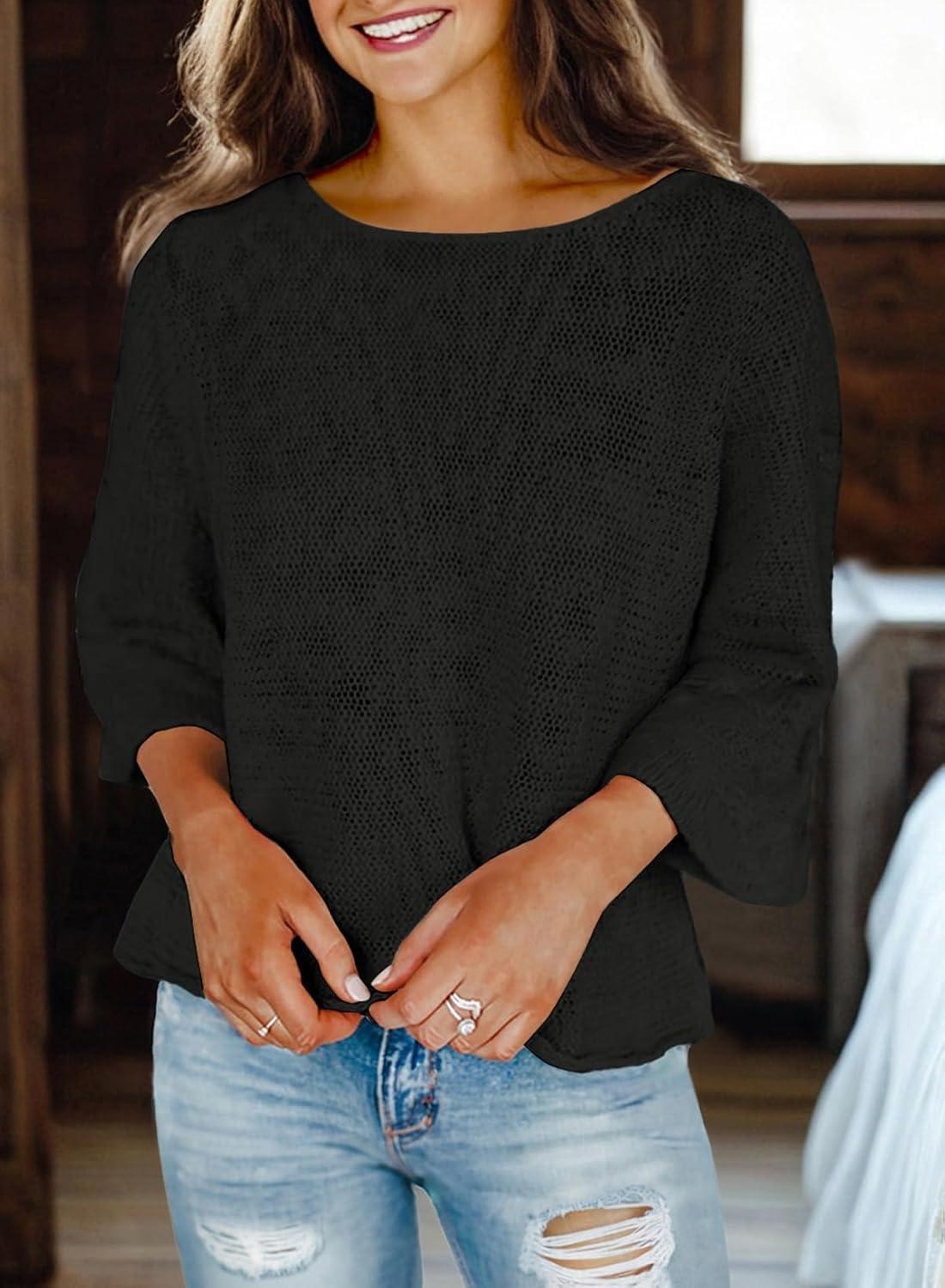 imageDokotoo Womens 2025 Fall Casual Crewneck 34 Sleeve Striped Lightweight Knit Trendy Boho Tops Pullover SweatersB Black 2