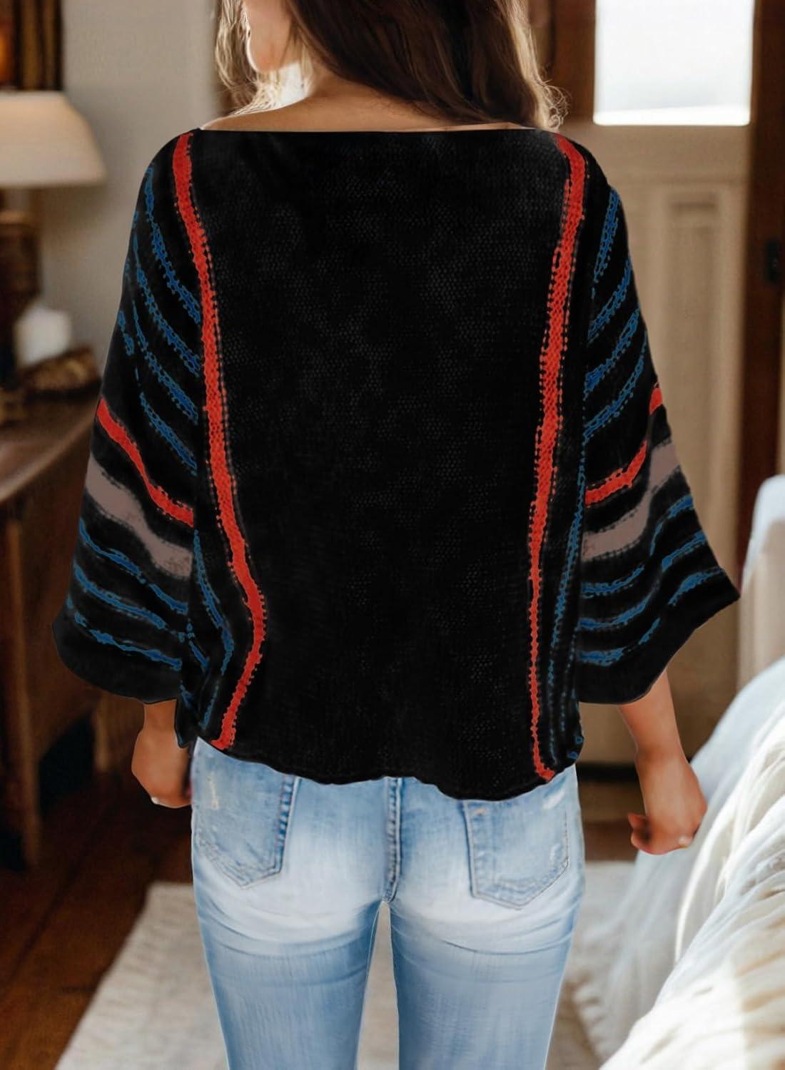 imageDokotoo Womens 2025 Fall Casual Crewneck 34 Sleeve Striped Lightweight Knit Trendy Boho Tops Pullover SweatersB Black