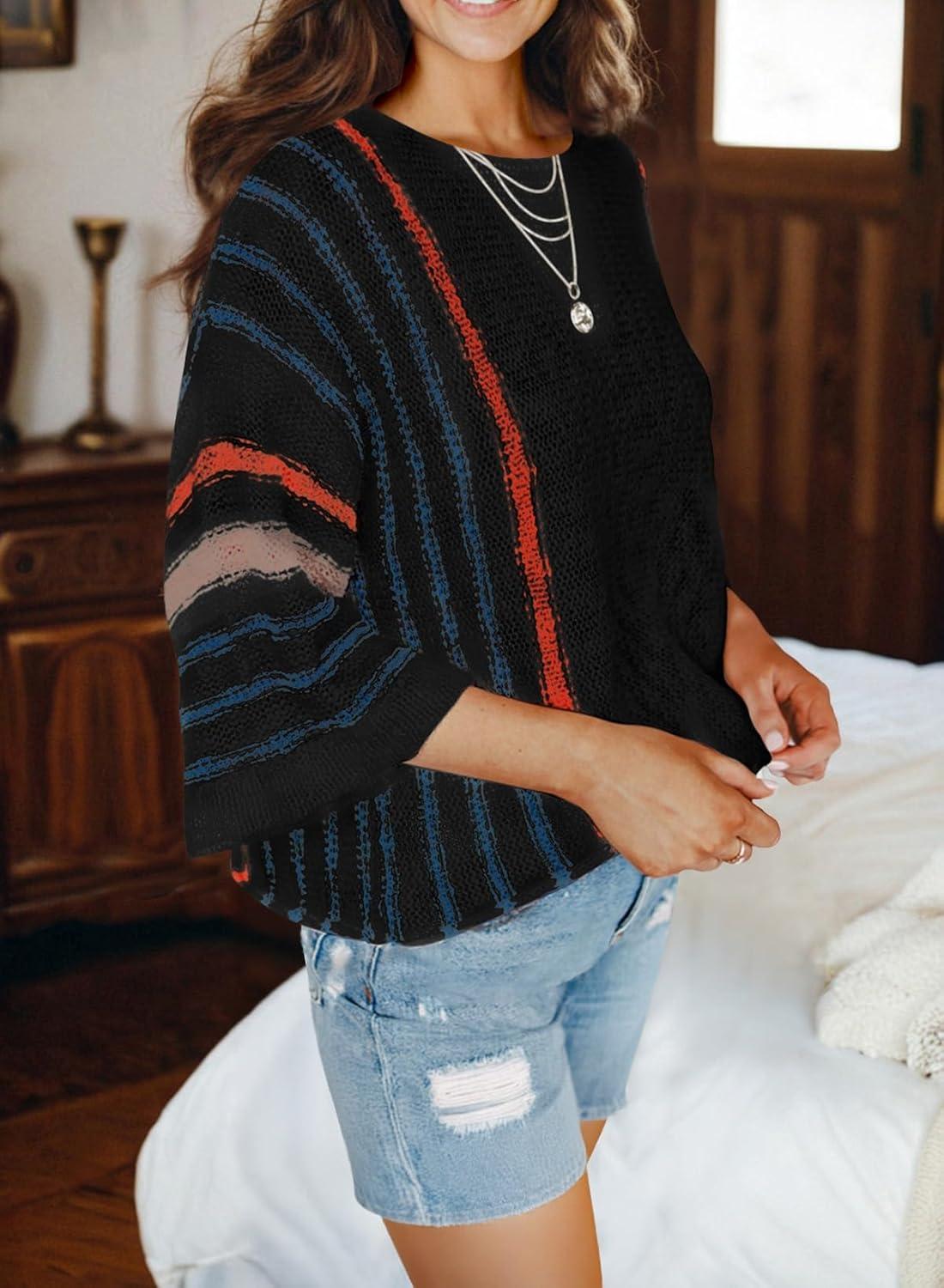 imageDokotoo Womens 2025 Fall Casual Crewneck 34 Sleeve Striped Lightweight Knit Trendy Boho Tops Pullover SweatersB Black