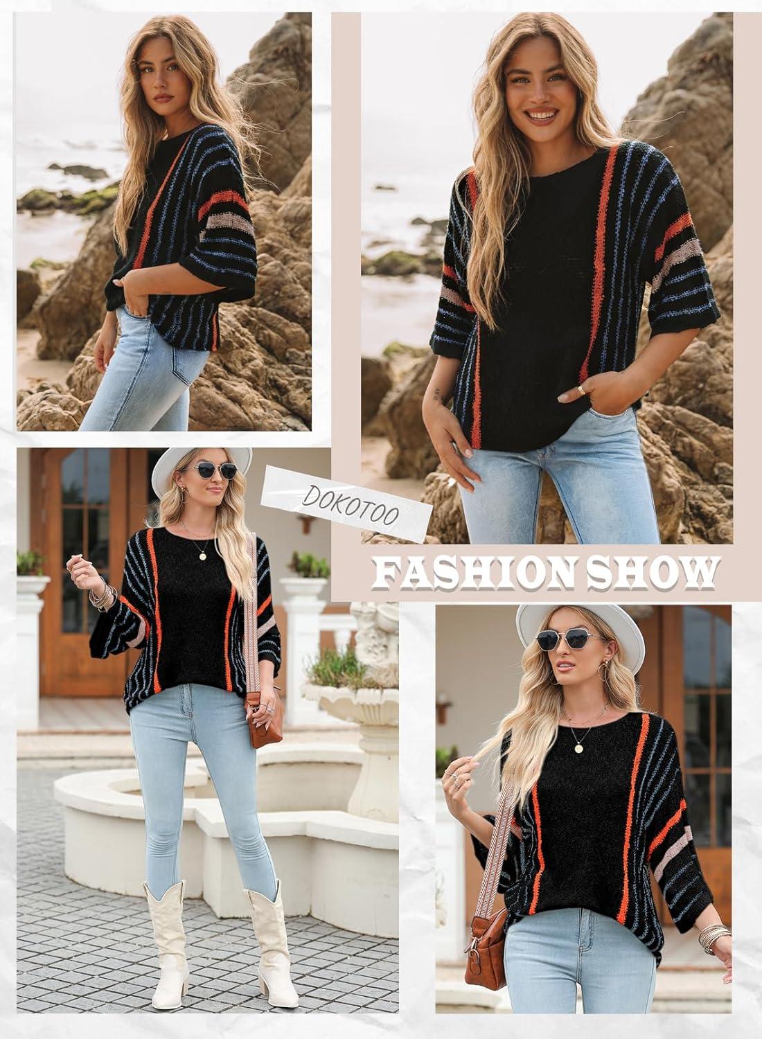 imageDokotoo Womens 2025 Fall Casual Crewneck 34 Sleeve Striped Lightweight Knit Trendy Boho Tops Pullover SweatersB Black