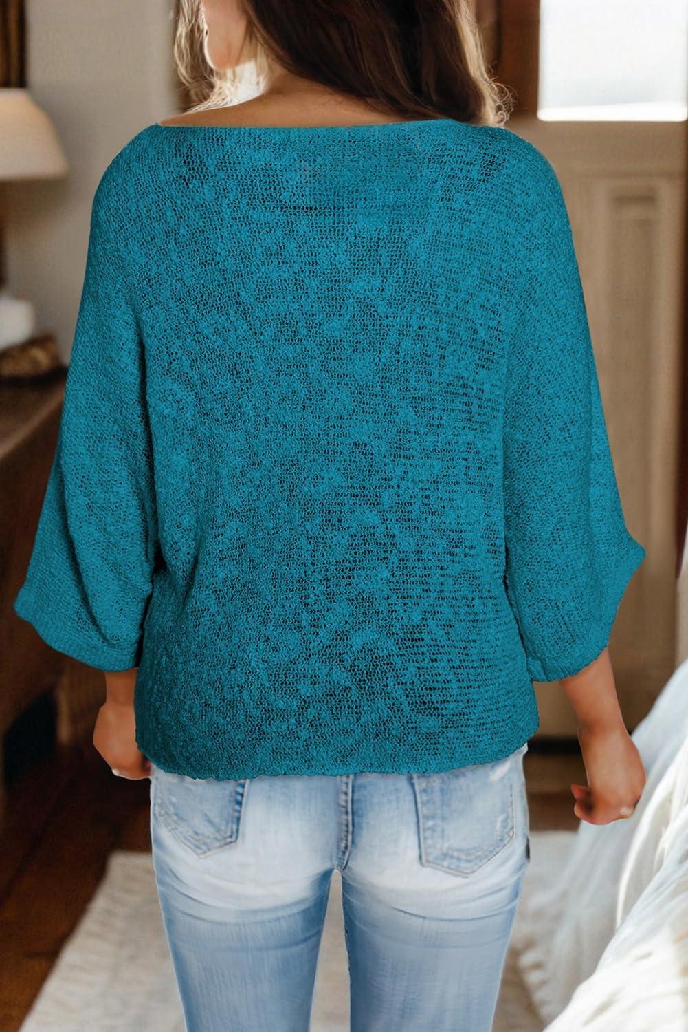 imageDokotoo Womens 2025 Fall Casual Crewneck 34 Sleeve Striped Lightweight Knit Trendy Boho Tops Pullover SweatersB Blue