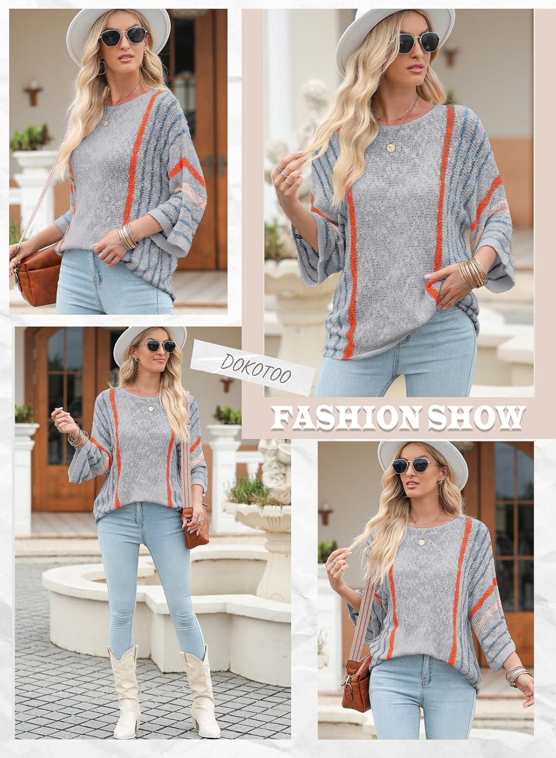 imageDokotoo Womens 2025 Fall Casual Crewneck 34 Sleeve Striped Lightweight Knit Trendy Boho Tops Pullover SweatersB Gray