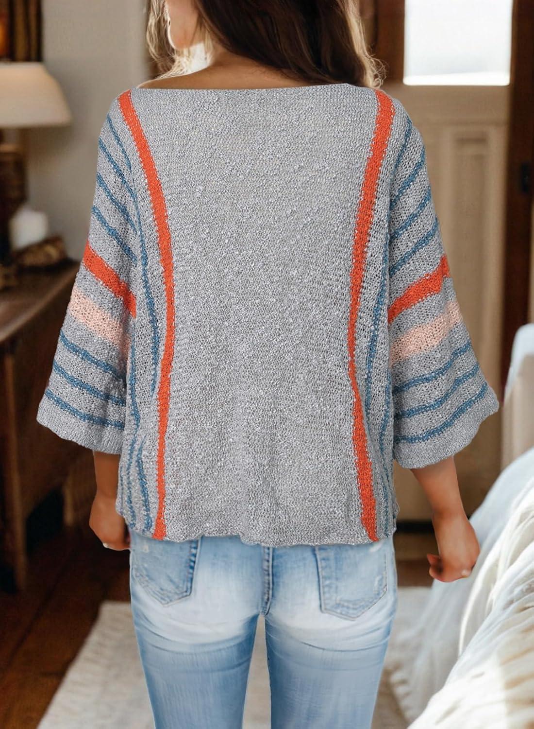 imageDokotoo Womens 2025 Fall Casual Crewneck 34 Sleeve Striped Lightweight Knit Trendy Boho Tops Pullover SweatersB Gray