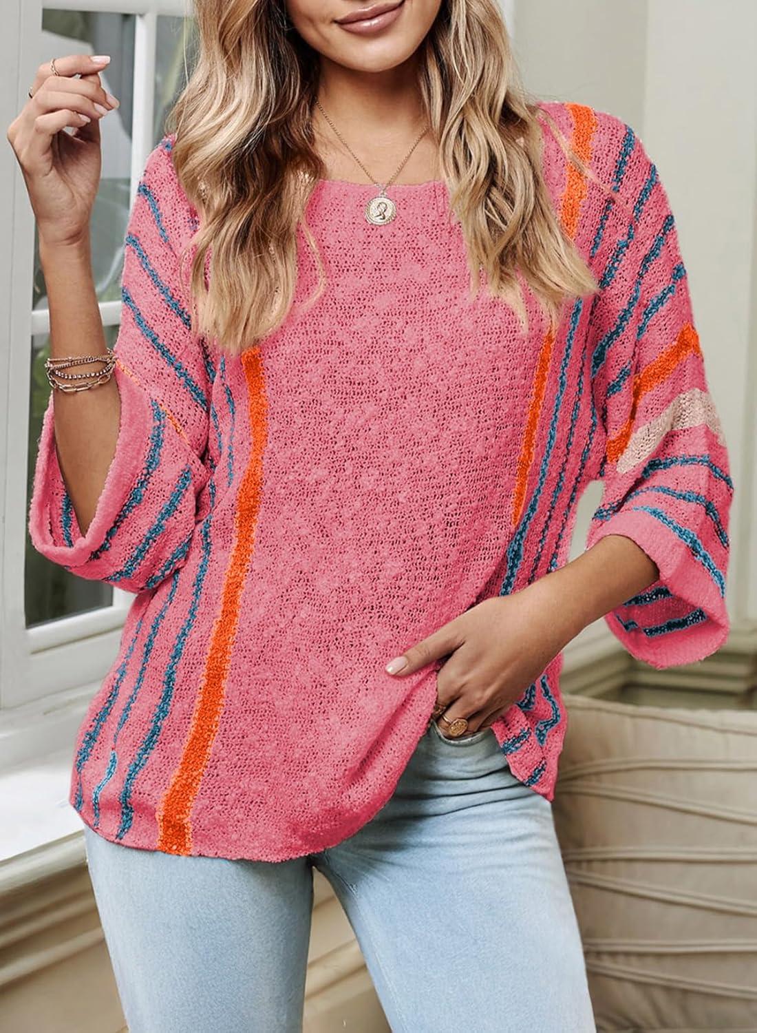 imageDokotoo Womens 2025 Fall Casual Crewneck 34 Sleeve Striped Lightweight Knit Trendy Boho Tops Pullover SweatersB Rose 2