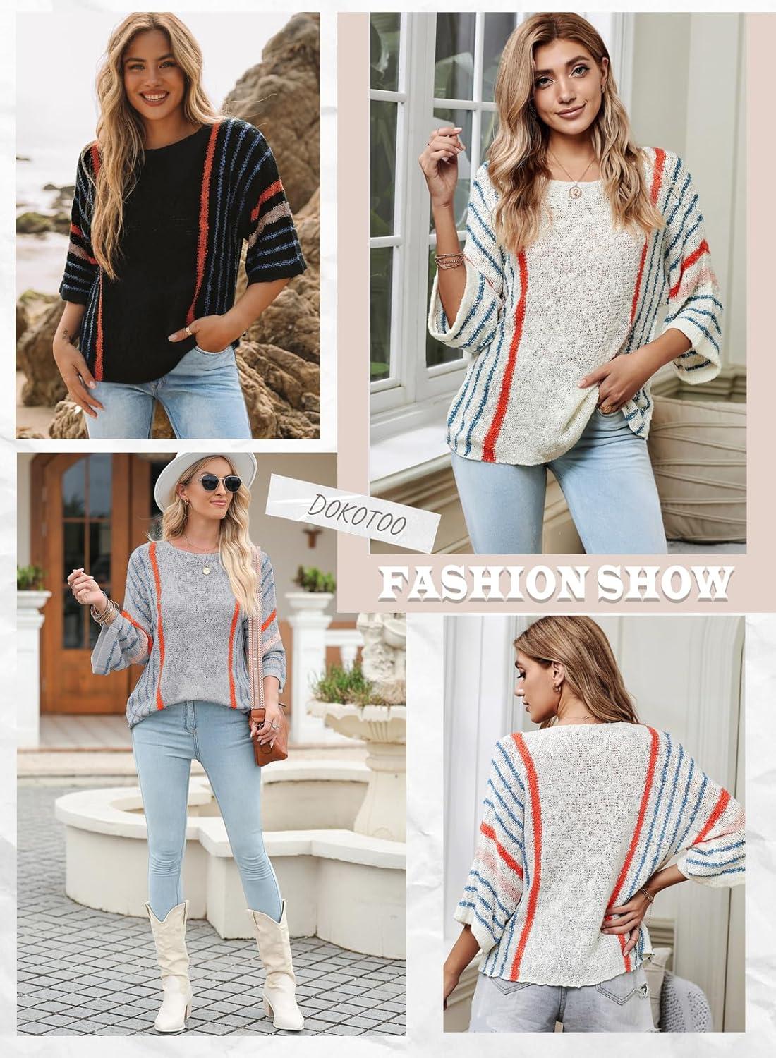 imageDokotoo Womens 2025 Fall Casual Crewneck 34 Sleeve Striped Lightweight Knit Trendy Boho Tops Pullover SweatersB Rose 2