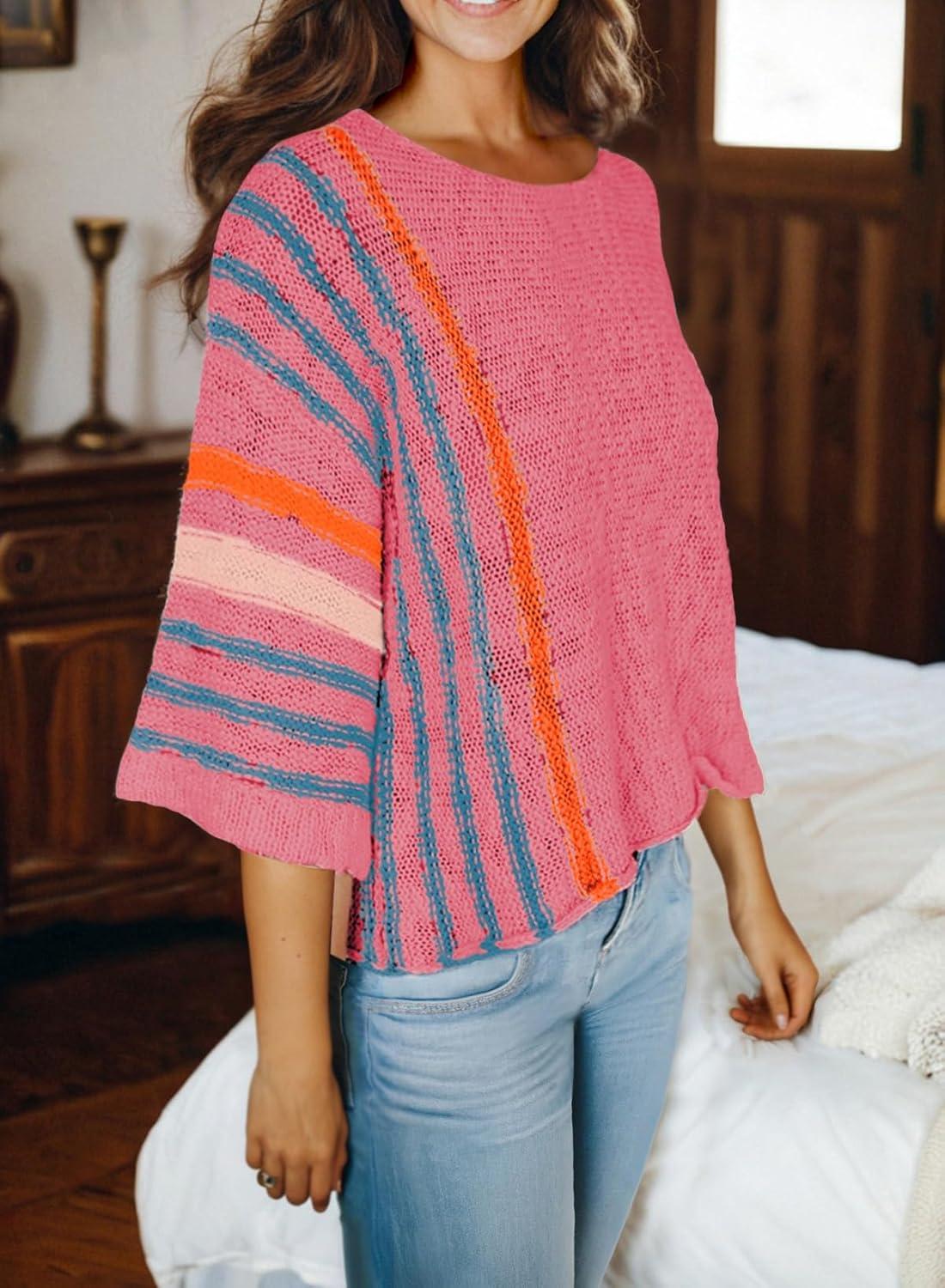 imageDokotoo Womens 2025 Fall Casual Crewneck 34 Sleeve Striped Lightweight Knit Trendy Boho Tops Pullover SweatersB Rose 2