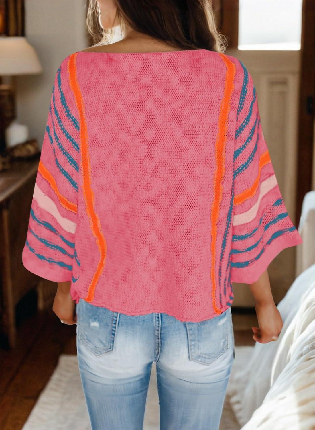 imageDokotoo Womens 2025 Fall Casual Crewneck 34 Sleeve Striped Lightweight Knit Trendy Boho Tops Pullover SweatersB Rose 2