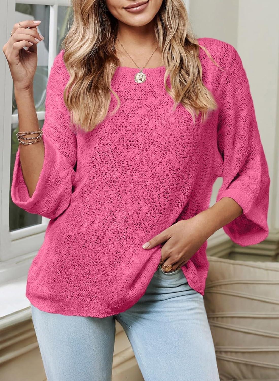 imageDokotoo Womens 2025 Fall Casual Crewneck 34 Sleeve Striped Lightweight Knit Trendy Boho Tops Pullover SweatersB Rose