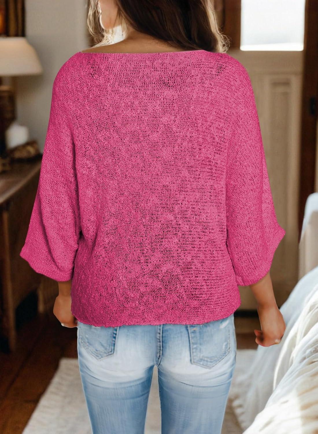 imageDokotoo Womens 2025 Fall Casual Crewneck 34 Sleeve Striped Lightweight Knit Trendy Boho Tops Pullover SweatersB Rose