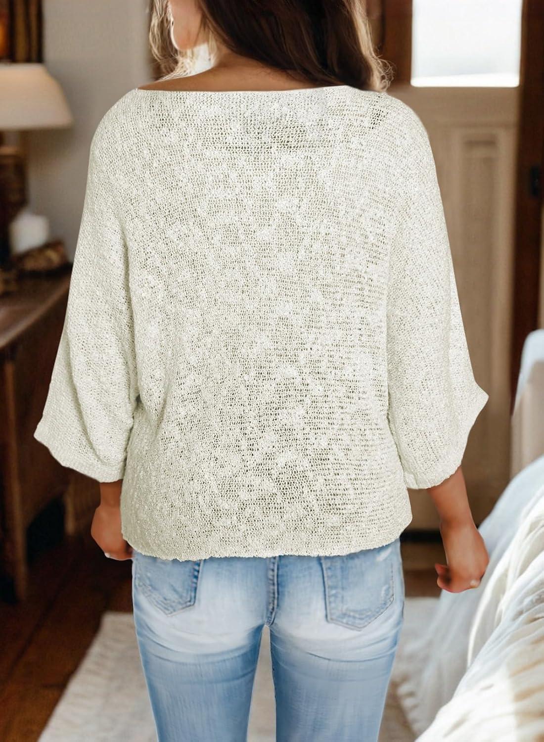 imageDokotoo Womens 2025 Fall Casual Crewneck 34 Sleeve Striped Lightweight Knit Trendy Boho Tops Pullover SweatersB White 2