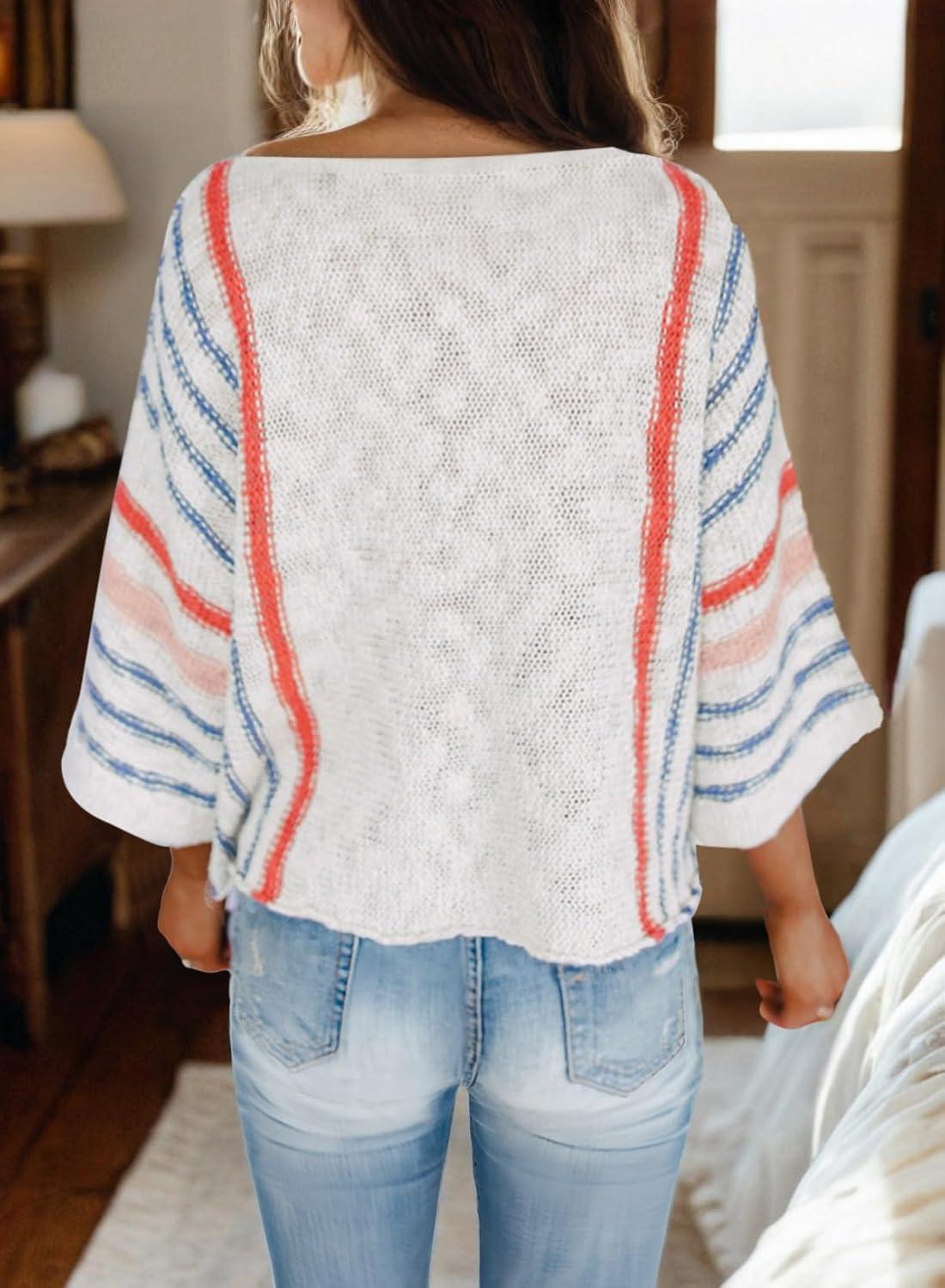 imageDokotoo Womens 2025 Fall Casual Crewneck 34 Sleeve Striped Lightweight Knit Trendy Boho Tops Pullover SweatersB White