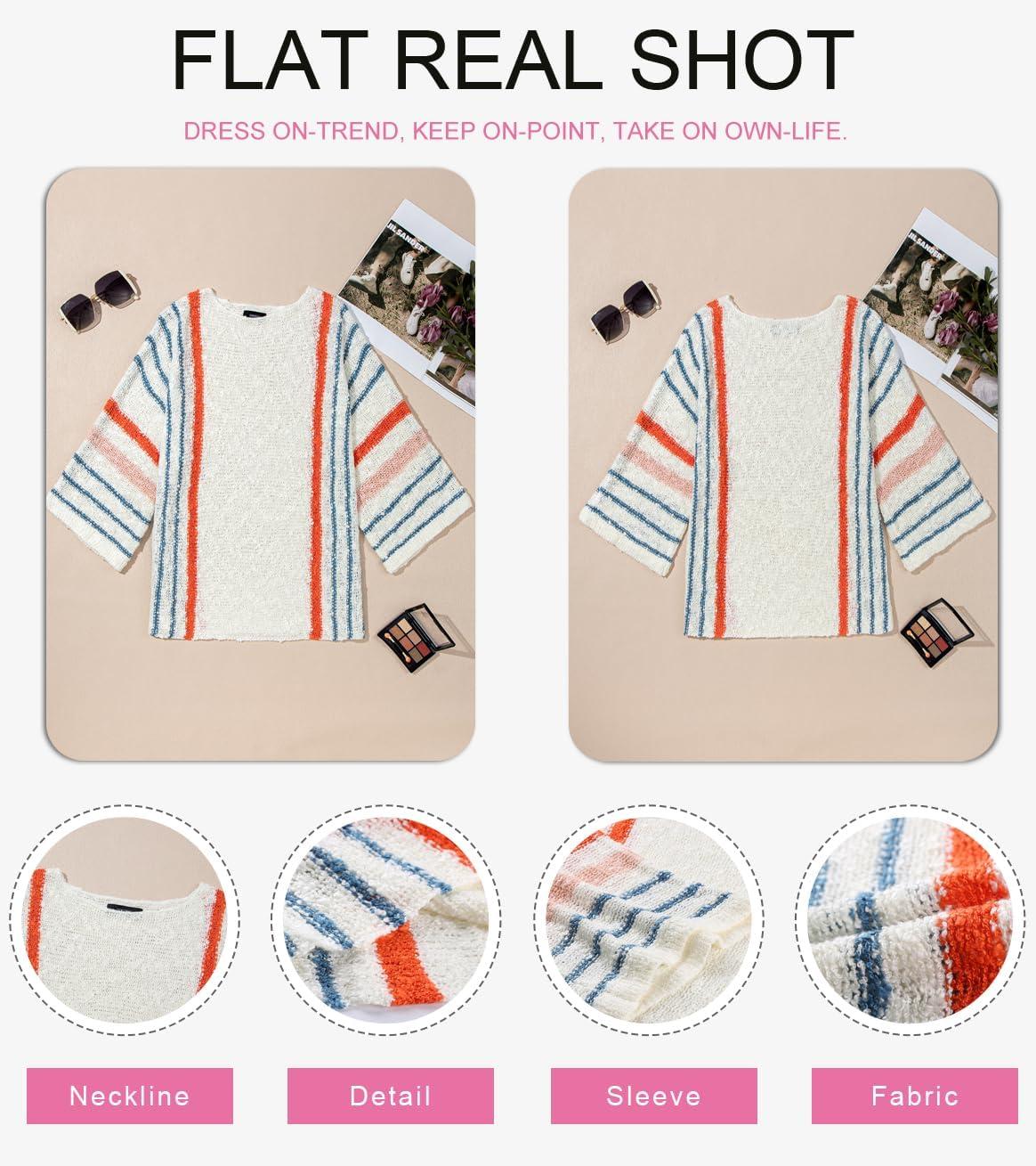 imageDokotoo Womens 2025 Fall Casual Crewneck 34 Sleeve Striped Lightweight Knit Trendy Boho Tops Pullover SweatersB White