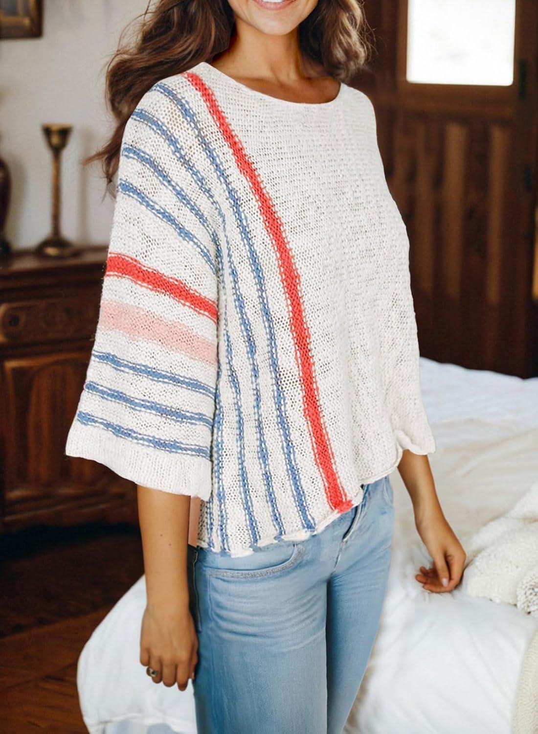 imageDokotoo Womens 2025 Fall Casual Crewneck 34 Sleeve Striped Lightweight Knit Trendy Boho Tops Pullover SweatersB White