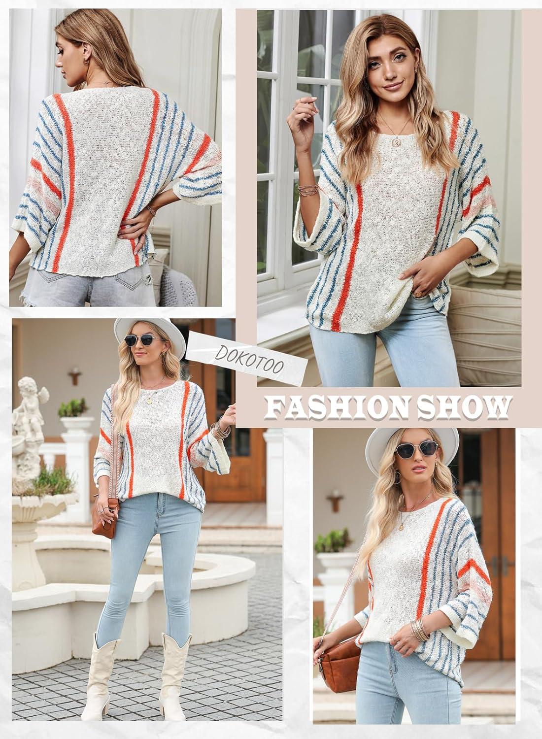 imageDokotoo Womens 2025 Fall Casual Crewneck 34 Sleeve Striped Lightweight Knit Trendy Boho Tops Pullover SweatersB White
