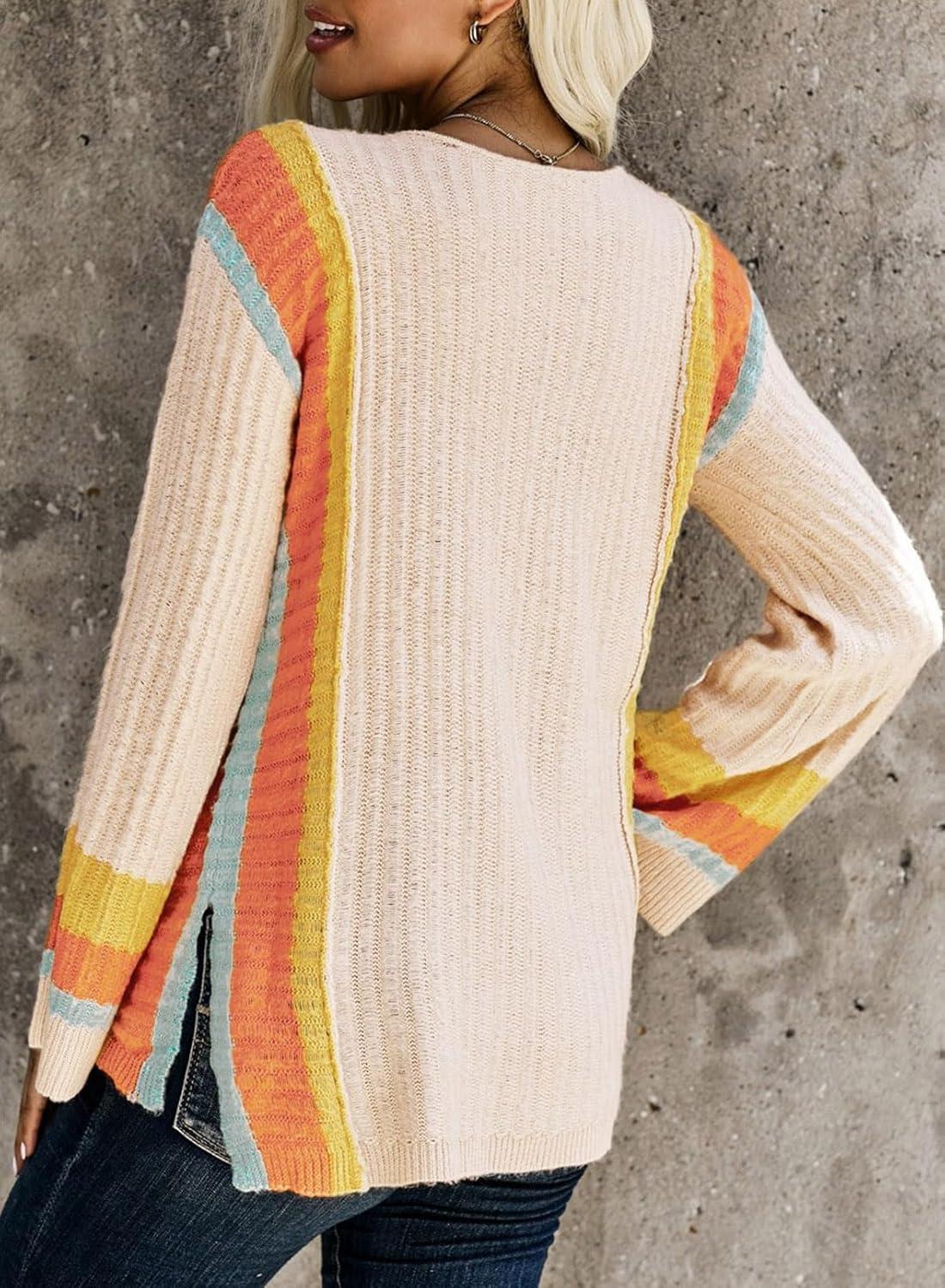 imageDokotoo Womens 2025 Fall Casual Crewneck 34 Sleeve Striped Lightweight Knit Trendy Boho Tops Pullover SweatersC Apricot