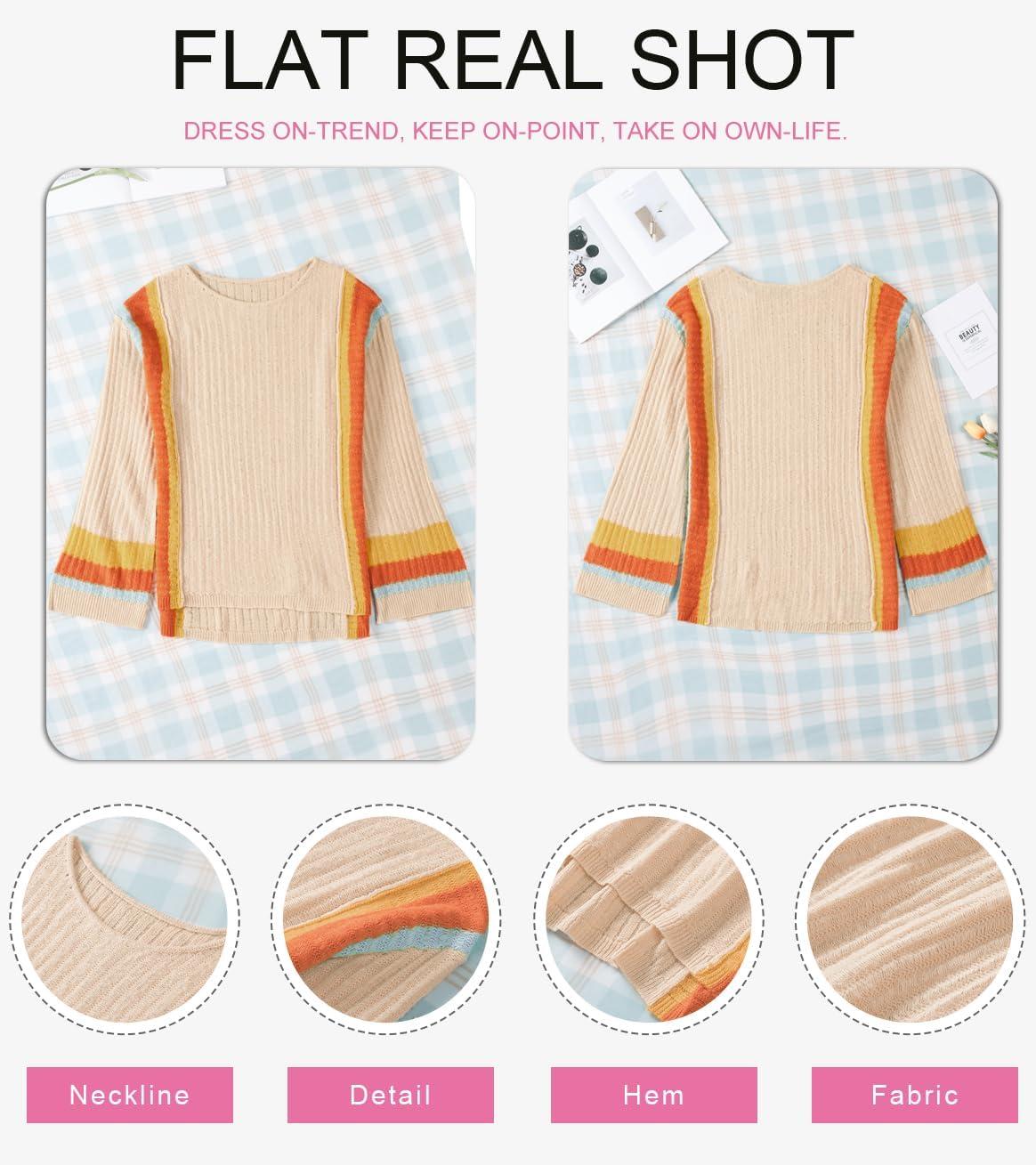 imageDokotoo Womens 2025 Fall Casual Crewneck 34 Sleeve Striped Lightweight Knit Trendy Boho Tops Pullover SweatersC Apricot