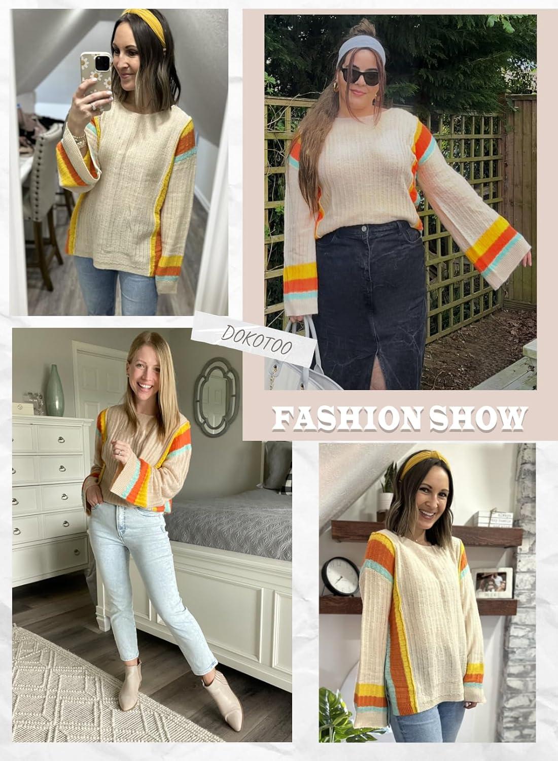 imageDokotoo Womens 2025 Fall Casual Crewneck 34 Sleeve Striped Lightweight Knit Trendy Boho Tops Pullover SweatersC Apricot