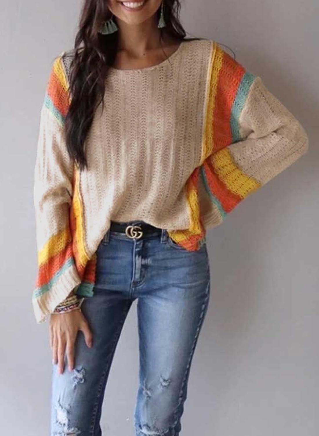 imageDokotoo Womens 2025 Fall Casual Crewneck 34 Sleeve Striped Lightweight Knit Trendy Boho Tops Pullover SweatersC Apricot