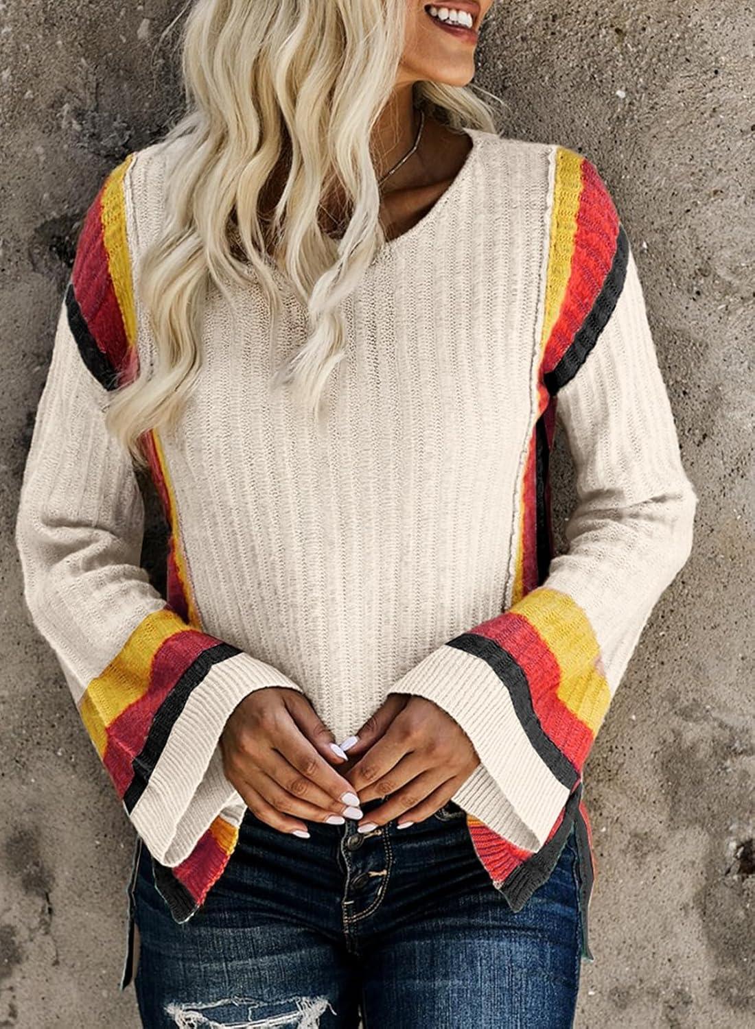 imageDokotoo Womens 2025 Fall Casual Crewneck 34 Sleeve Striped Lightweight Knit Trendy Boho Tops Pullover SweatersC Beige