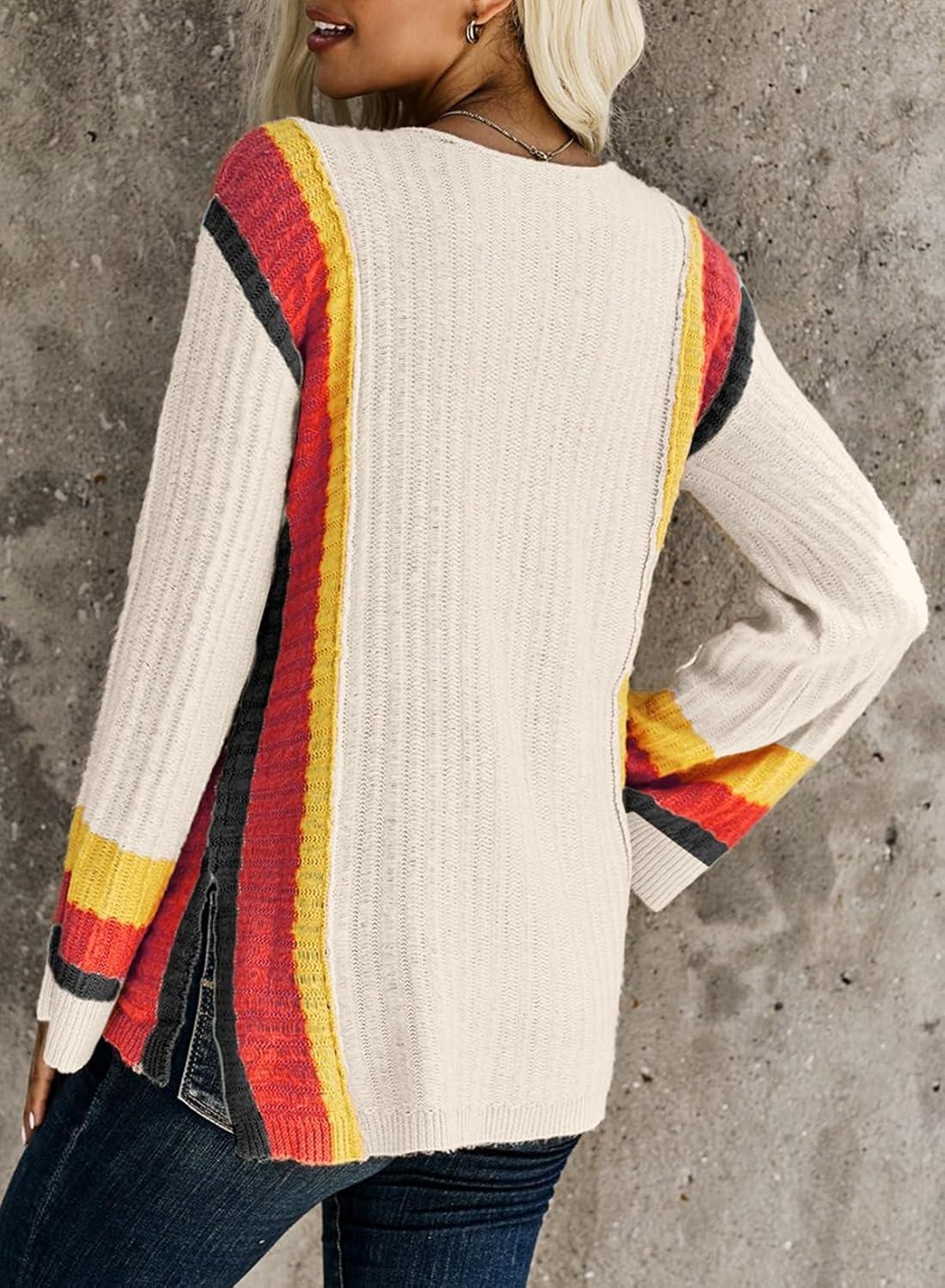 imageDokotoo Womens 2025 Fall Casual Crewneck 34 Sleeve Striped Lightweight Knit Trendy Boho Tops Pullover SweatersC Beige