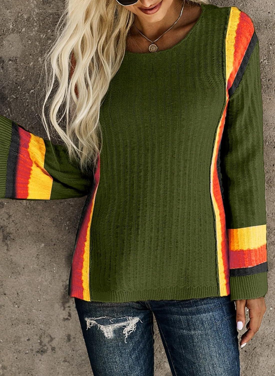 imageDokotoo Womens 2025 Fall Casual Crewneck 34 Sleeve Striped Lightweight Knit Trendy Boho Tops Pullover SweatersC Green