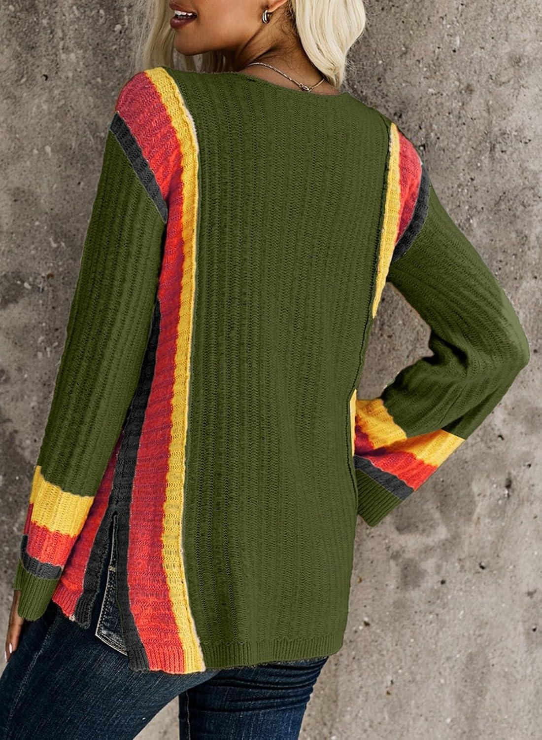 imageDokotoo Womens 2025 Fall Casual Crewneck 34 Sleeve Striped Lightweight Knit Trendy Boho Tops Pullover SweatersC Green