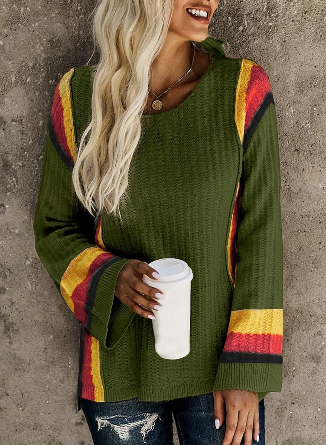 imageDokotoo Womens 2025 Fall Casual Crewneck 34 Sleeve Striped Lightweight Knit Trendy Boho Tops Pullover SweatersC Green