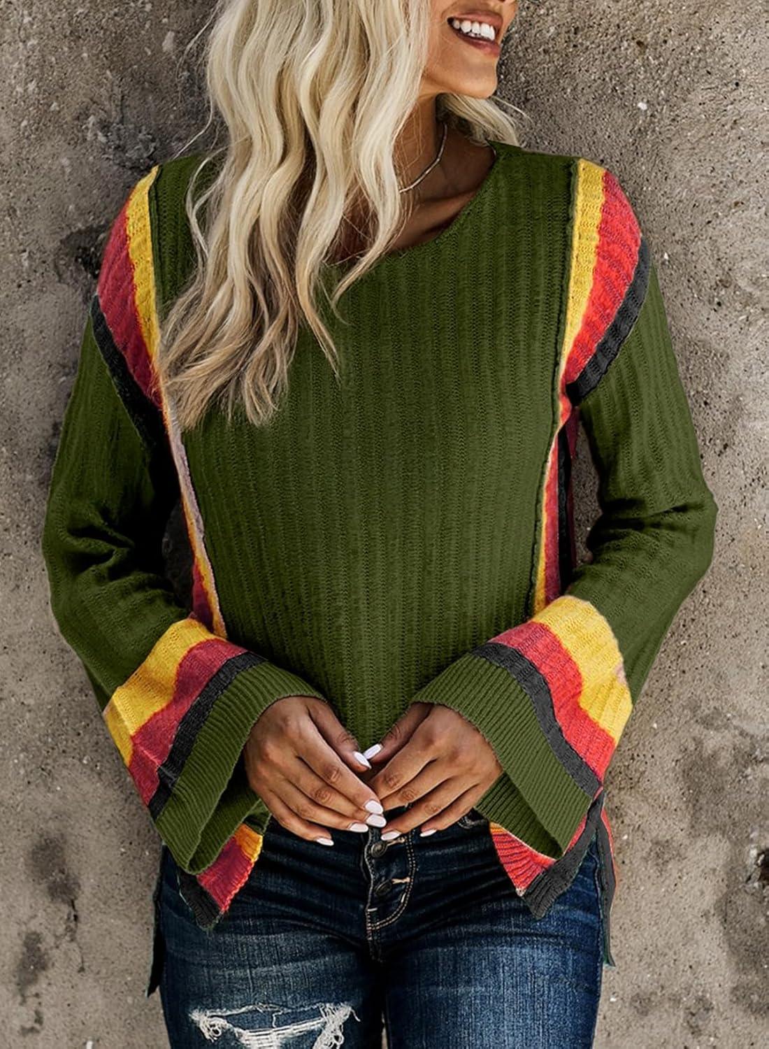 imageDokotoo Womens 2025 Fall Casual Crewneck 34 Sleeve Striped Lightweight Knit Trendy Boho Tops Pullover SweatersC Green