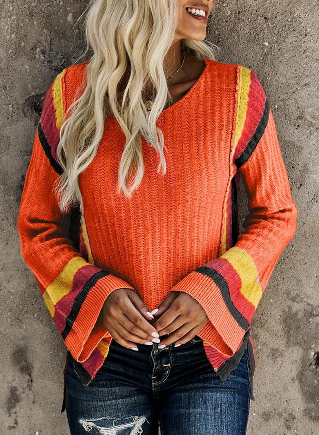 imageDokotoo Womens 2025 Fall Casual Crewneck 34 Sleeve Striped Lightweight Knit Trendy Boho Tops Pullover SweatersC Orange