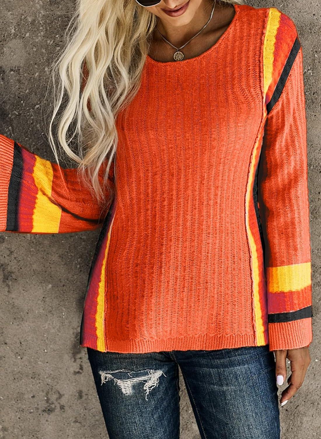 imageDokotoo Womens 2025 Fall Casual Crewneck 34 Sleeve Striped Lightweight Knit Trendy Boho Tops Pullover SweatersC Orange