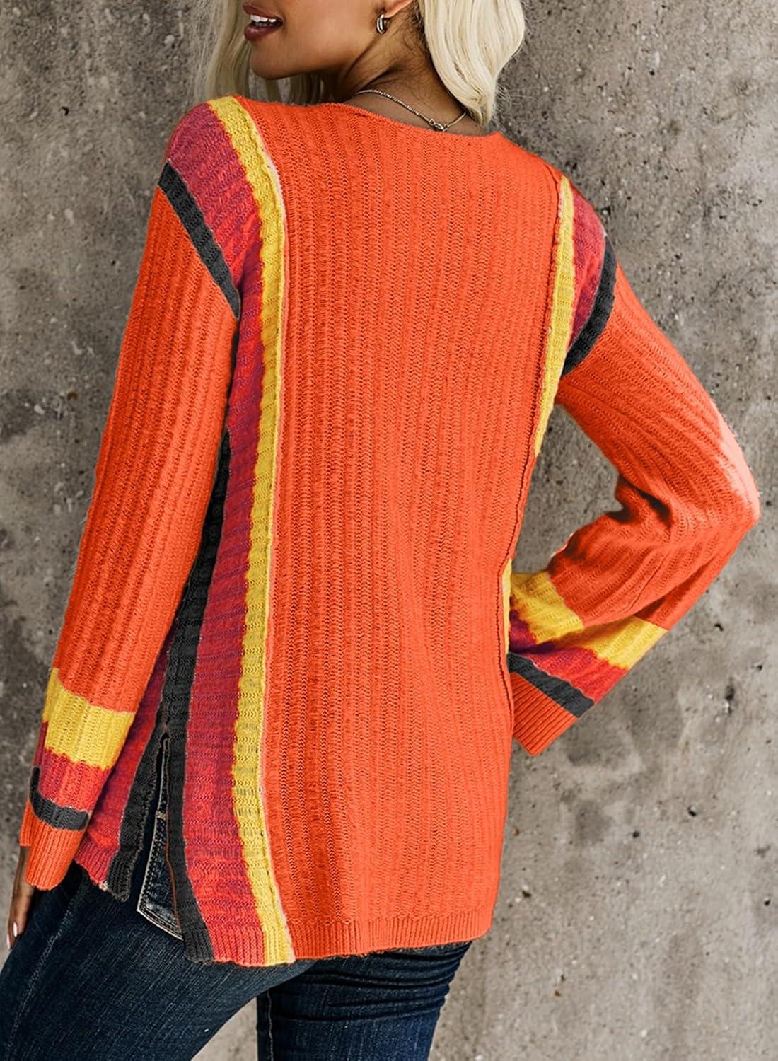 imageDokotoo Womens 2025 Fall Casual Crewneck 34 Sleeve Striped Lightweight Knit Trendy Boho Tops Pullover SweatersC Orange