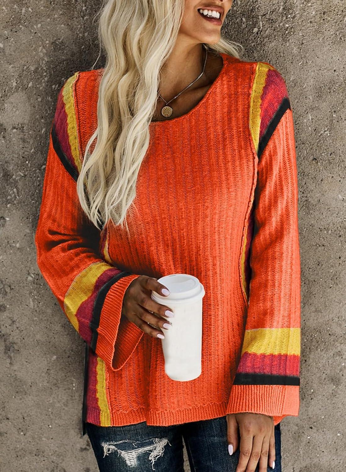 imageDokotoo Womens 2025 Fall Casual Crewneck 34 Sleeve Striped Lightweight Knit Trendy Boho Tops Pullover SweatersC Orange