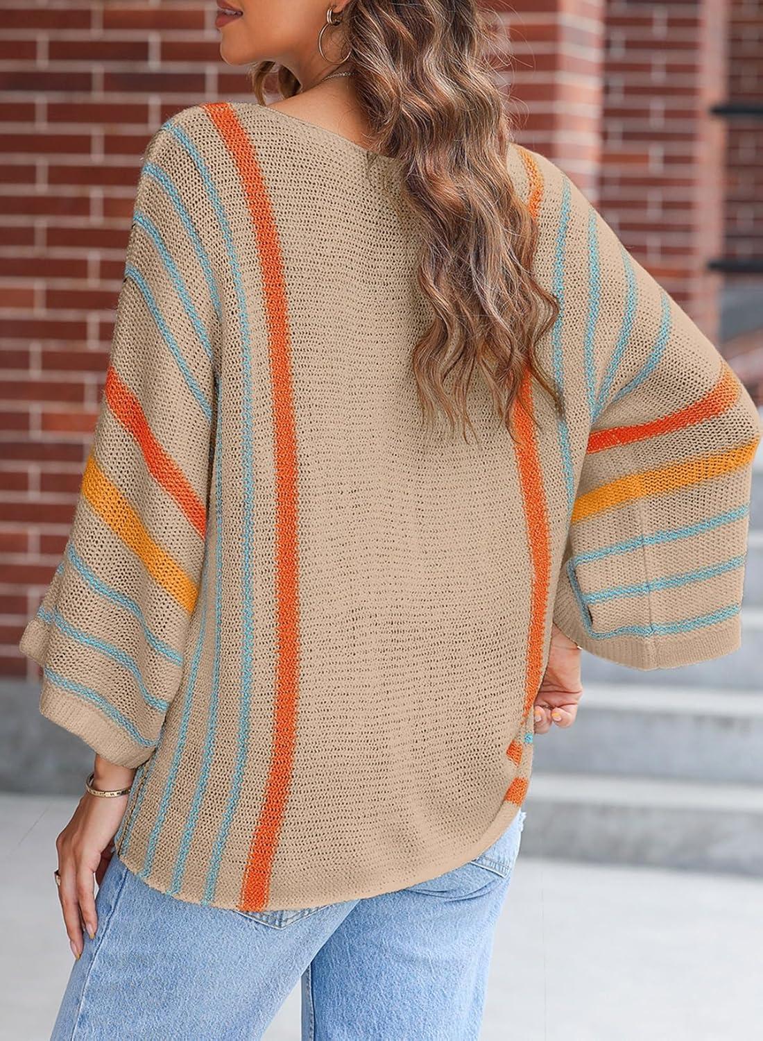 imageDokotoo Womens 2025 Fall Casual Crewneck 34 Sleeve Striped Lightweight Knit Trendy Boho Tops Pullover SweatersH Beige