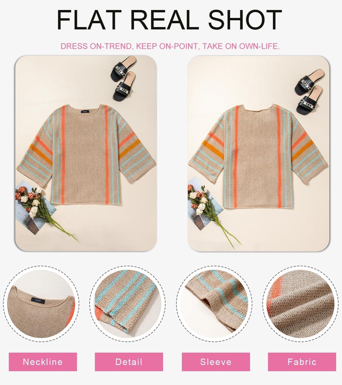 imageDokotoo Womens 2025 Fall Casual Crewneck 34 Sleeve Striped Lightweight Knit Trendy Boho Tops Pullover SweatersH Beige