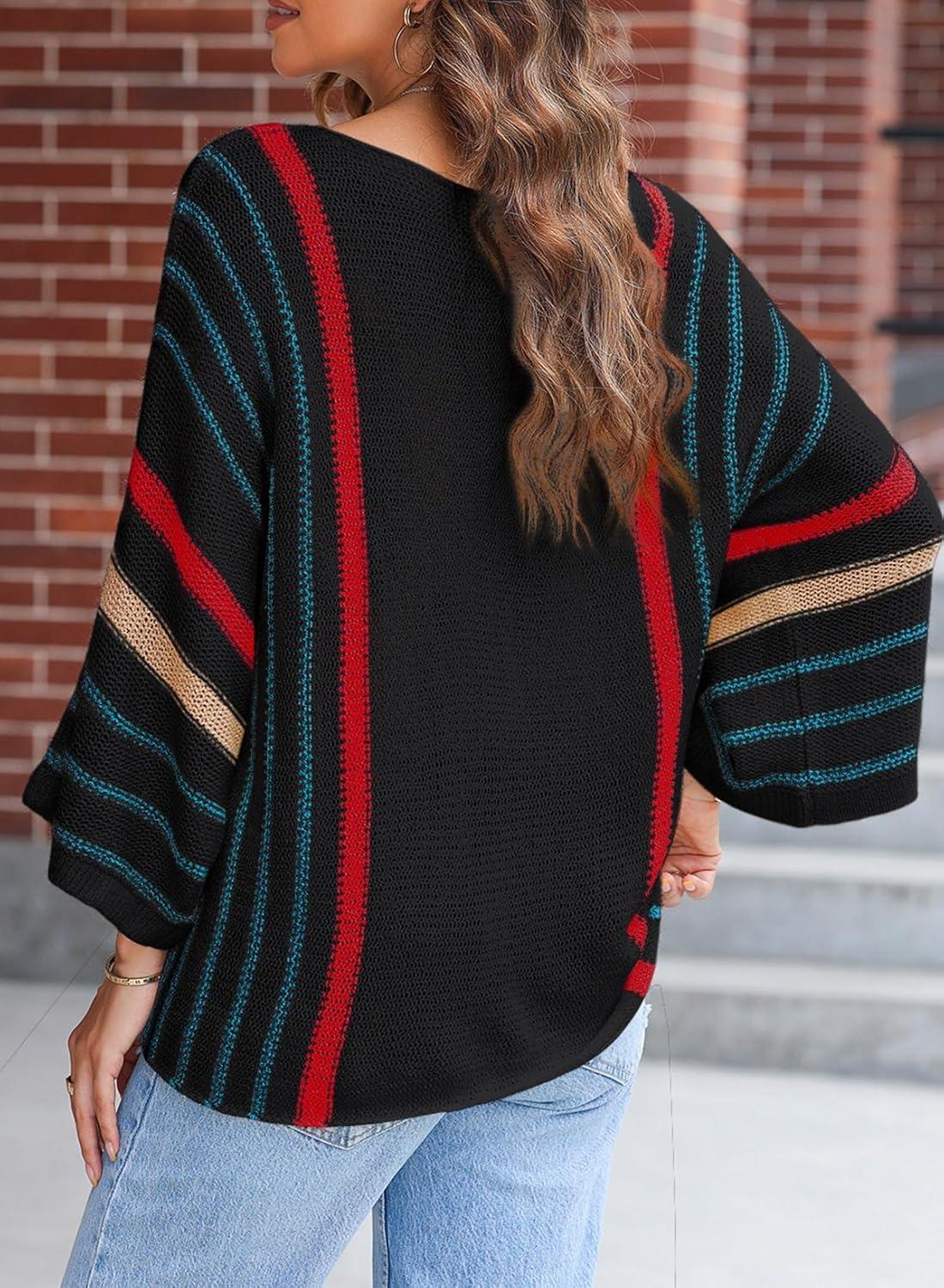 imageDokotoo Womens 2025 Fall Casual Crewneck 34 Sleeve Striped Lightweight Knit Trendy Boho Tops Pullover SweatersH Black