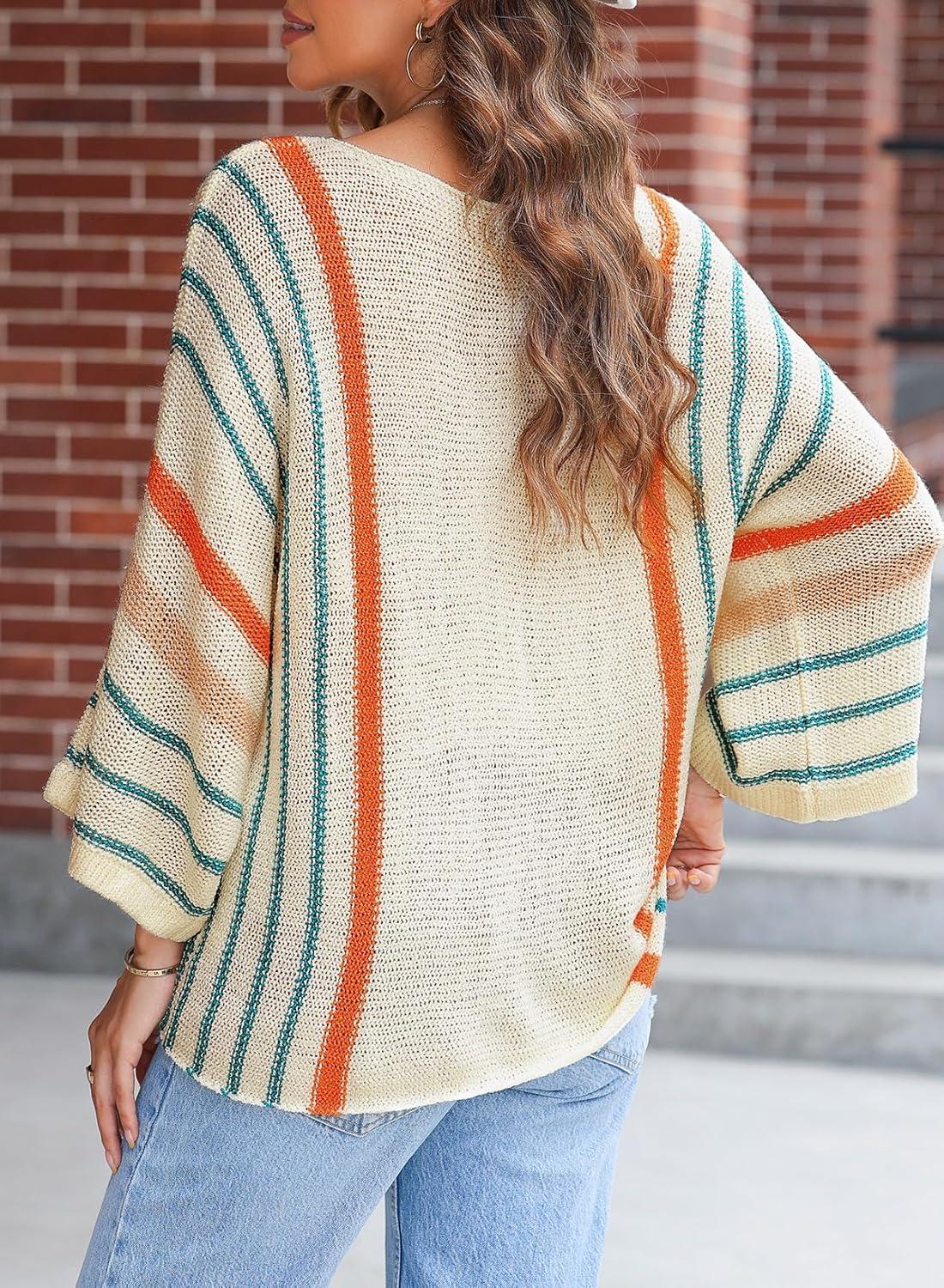 imageDokotoo Womens 2025 Fall Casual Crewneck 34 Sleeve Striped Lightweight Knit Trendy Boho Tops Pullover SweatersH White