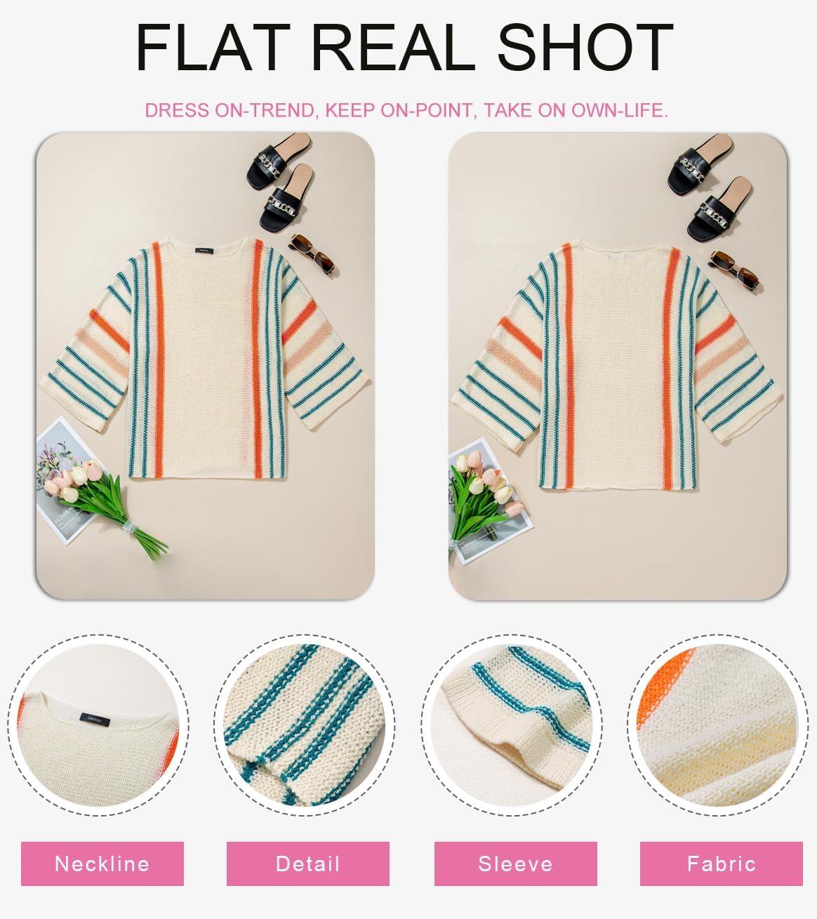 imageDokotoo Womens 2025 Fall Casual Crewneck 34 Sleeve Striped Lightweight Knit Trendy Boho Tops Pullover SweatersH White