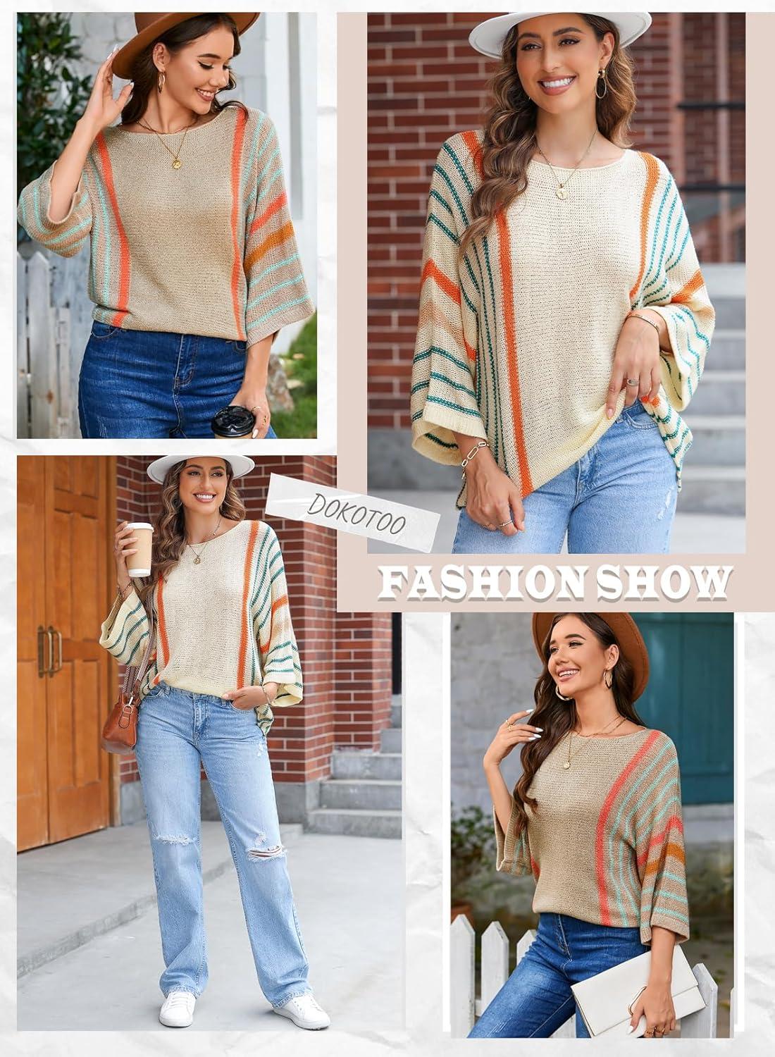 imageDokotoo Womens 2025 Fall Casual Crewneck 34 Sleeve Striped Lightweight Knit Trendy Boho Tops Pullover SweatersH White