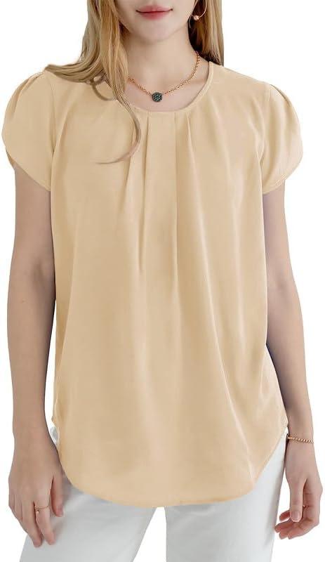 imageDokotoo Womens Casual Round Neck Basic Pleated Tops Short Sleeve Loose Fit Curved Back Chiffon Blouses TshirtsApricot