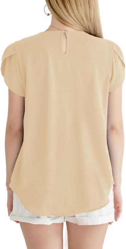 imageDokotoo Womens Casual Round Neck Basic Pleated Tops Short Sleeve Loose Fit Curved Back Chiffon Blouses TshirtsApricot