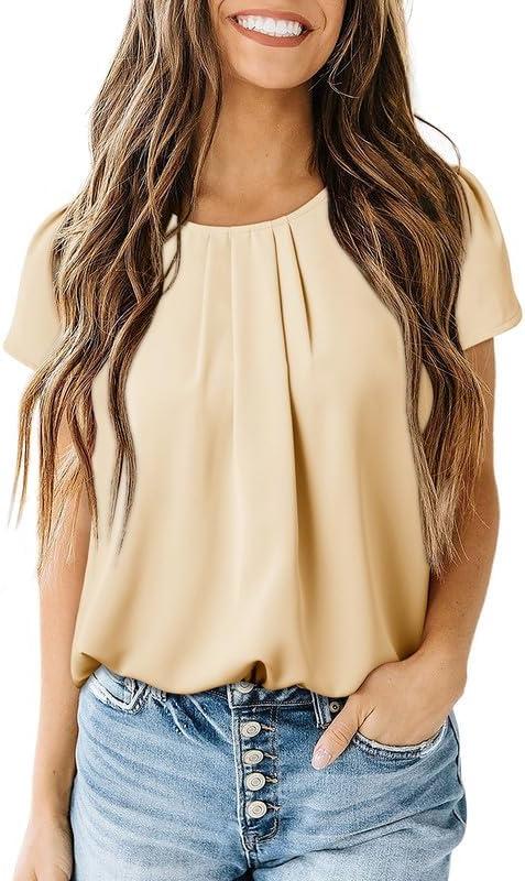 imageDokotoo Womens Casual Round Neck Basic Pleated Tops Short Sleeve Loose Fit Curved Back Chiffon Blouses TshirtsApricot