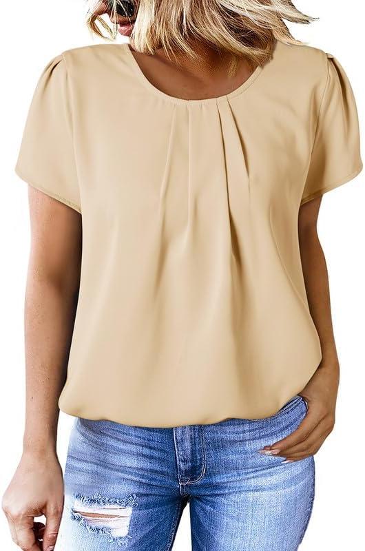 imageDokotoo Womens Casual Round Neck Basic Pleated Tops Short Sleeve Loose Fit Curved Back Chiffon Blouses TshirtsApricot