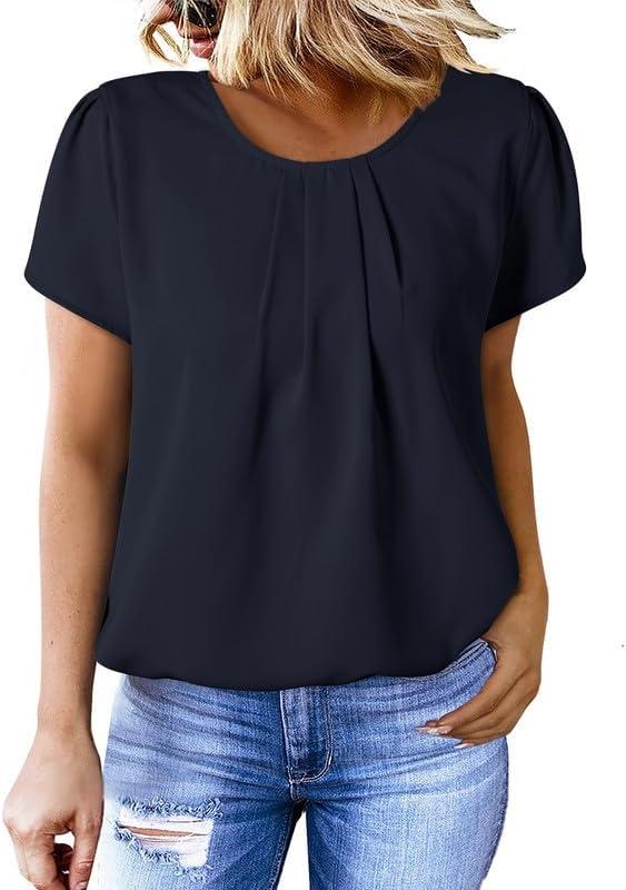 imageDokotoo Womens Casual Round Neck Basic Pleated Tops Short Sleeve Loose Fit Curved Back Chiffon Blouses TshirtsBlack