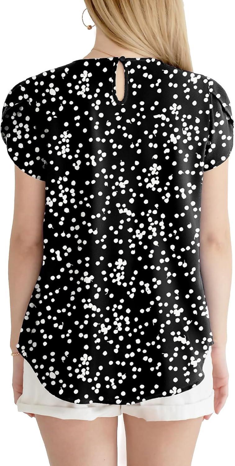 imageDokotoo Womens Casual Round Neck Basic Pleated Tops Short Sleeve Loose Fit Curved Back Chiffon Blouses TshirtsBlack Print