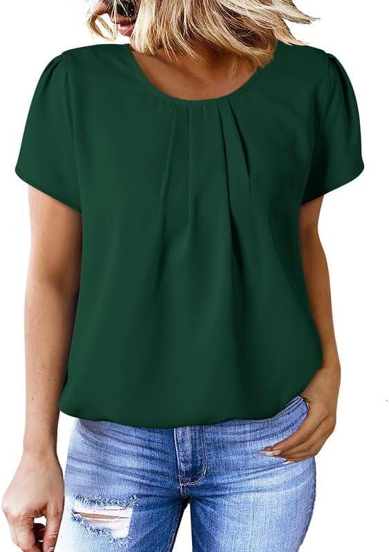 imageDokotoo Womens Casual Round Neck Basic Pleated Tops Short Sleeve Loose Fit Curved Back Chiffon Blouses TshirtsBlackish Green