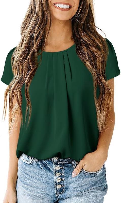 imageDokotoo Womens Casual Round Neck Basic Pleated Tops Short Sleeve Loose Fit Curved Back Chiffon Blouses TshirtsBlackish Green