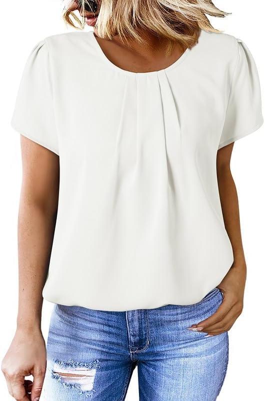 imageDokotoo Womens Casual Round Neck Basic Pleated Tops Short Sleeve Loose Fit Curved Back Chiffon Blouses TshirtsBright White